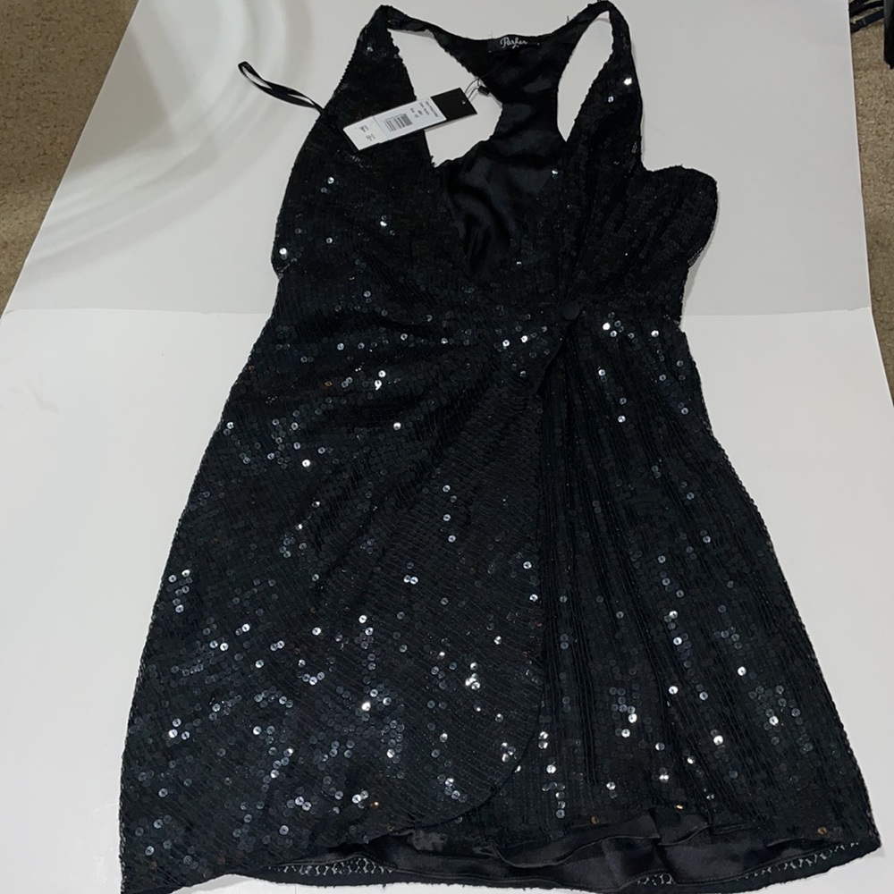 Black sequin Parker wrap mini dress NWT XS